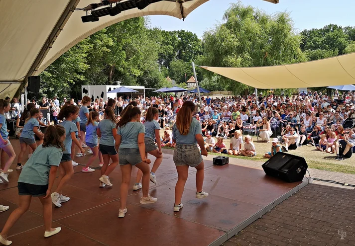 Eine Tangruppe junger Mädchen präsentiert eine Choreografie auf der Freilichtbühne des LNS-Park.