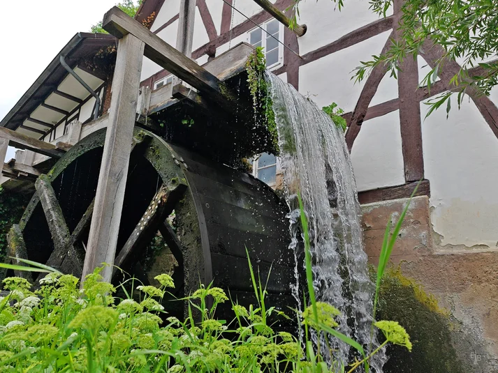 Die Wilhelm-Busch-Wassermühle vor einem Fachwerkhaus