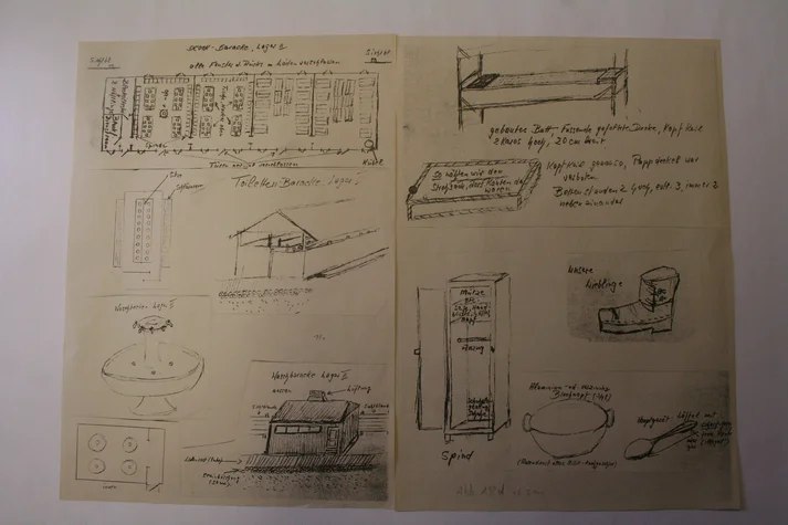 Zeichnungen von Erwin Rehn von Details in den Baracken, in denen die Häftlinge im KZ-Mohringen ihr Leben fristen mussten