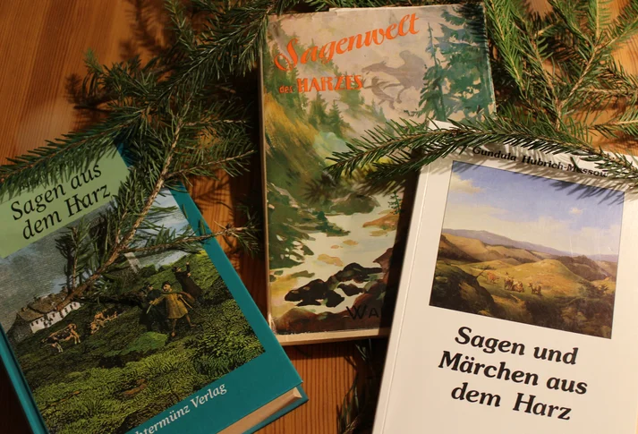 3 Märchenbücher über den Harz liegen mit Tannenzweigen auf einen Tisch. 