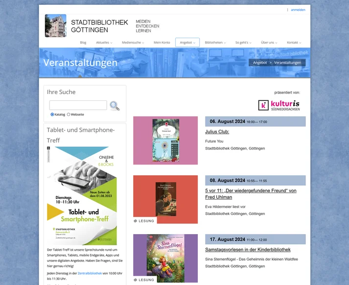 Screenshot des Veranstaltungskalenders der Stadtbibliothek Göttingen. Ein iframe zeigt die bei kulturis eingepflegten Termindaten.