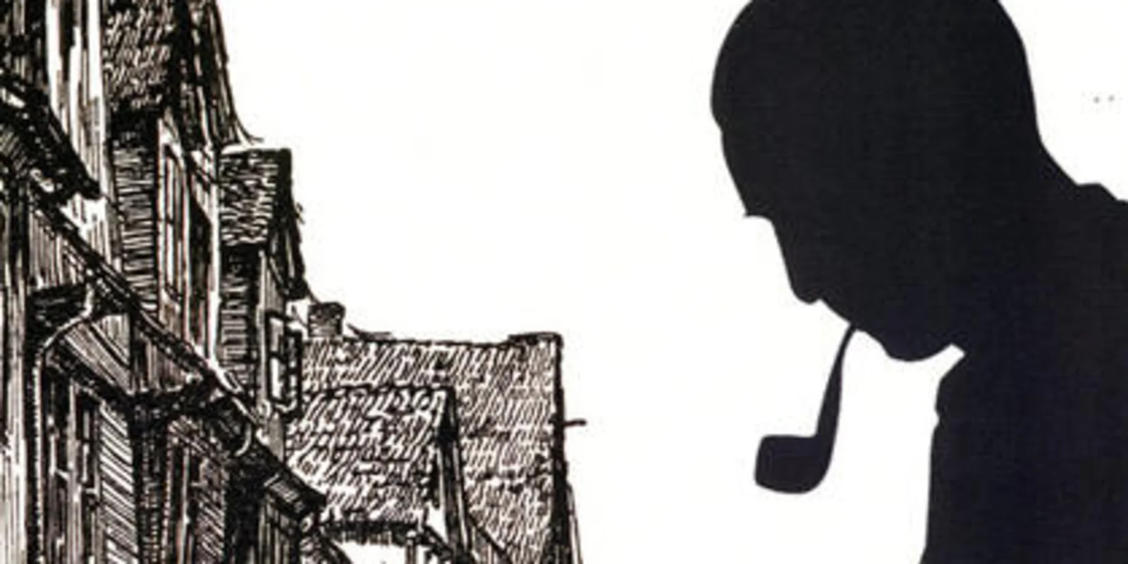 Links eine schwarz-weiß Aufnahme Mündener Fachwerkhäuser, rechts ein Scherenschnitt von Alfred Hesse mir Pfeife, Pinsel und Papier sowie Daten und Förderer. Oben steht "Mündener Künstler und Fachwerkvisionär", darunter in Handschrift "Alfred Hesse"