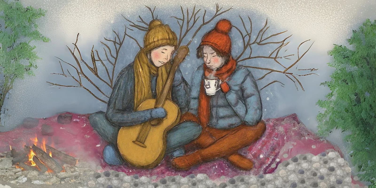 Zwei Menschen mit einer Gitarre und einer Tasse Kakao am Lagerfeuer draußen im Winter