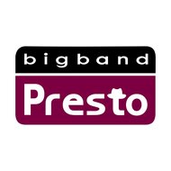 Logo der Bigband Presto, schwarz und lila, Schriftbild Presto mit Hut auf dem t