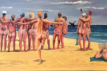 Ein Gemälde von nackten Menschen am Strand