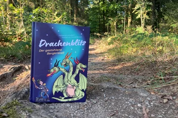 Das Buch "Drachenblitz" stehend auf einem Weg in der freien Natur. 