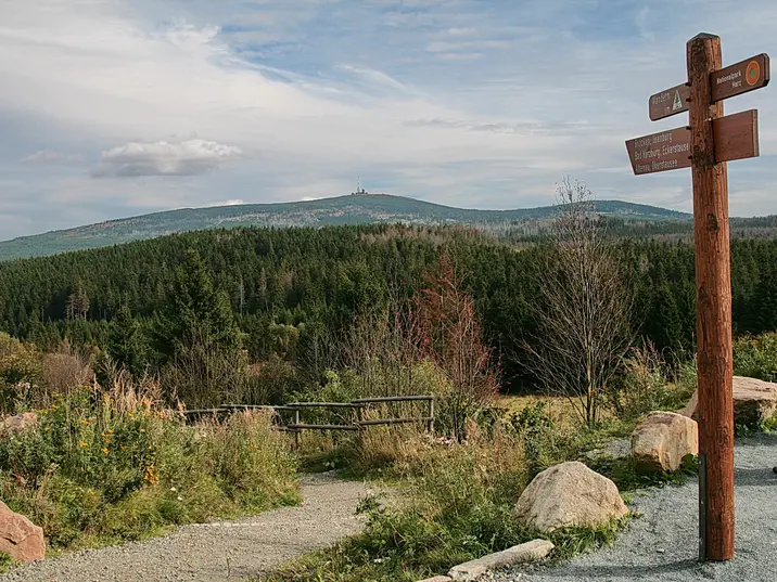 Blick auf den Brocken, rechts im Bild ein Wegweiser
